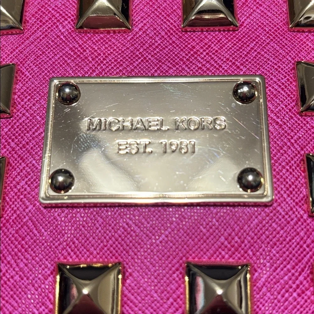Michael Kors Fuchsia Studded Wristlet Clutch Gold Studs Pink Leather
